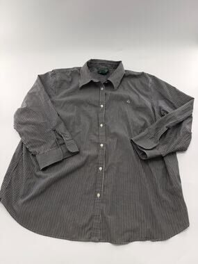 LAUREN Ralph Lauren Green Label Plus Size Grey White Striped Button Up Shirt 2X